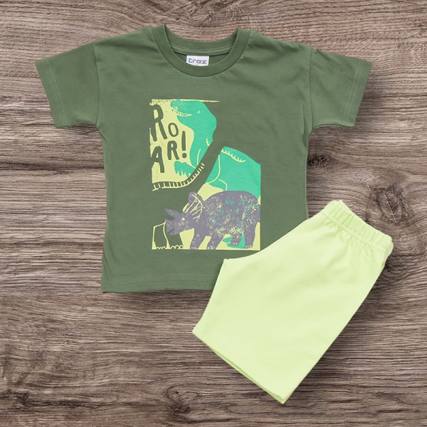 Σετ βερμούδα - κοντομάνικο μπλουζάκι με σχέδιο δεινόσαυρους, χακί - λάιμ